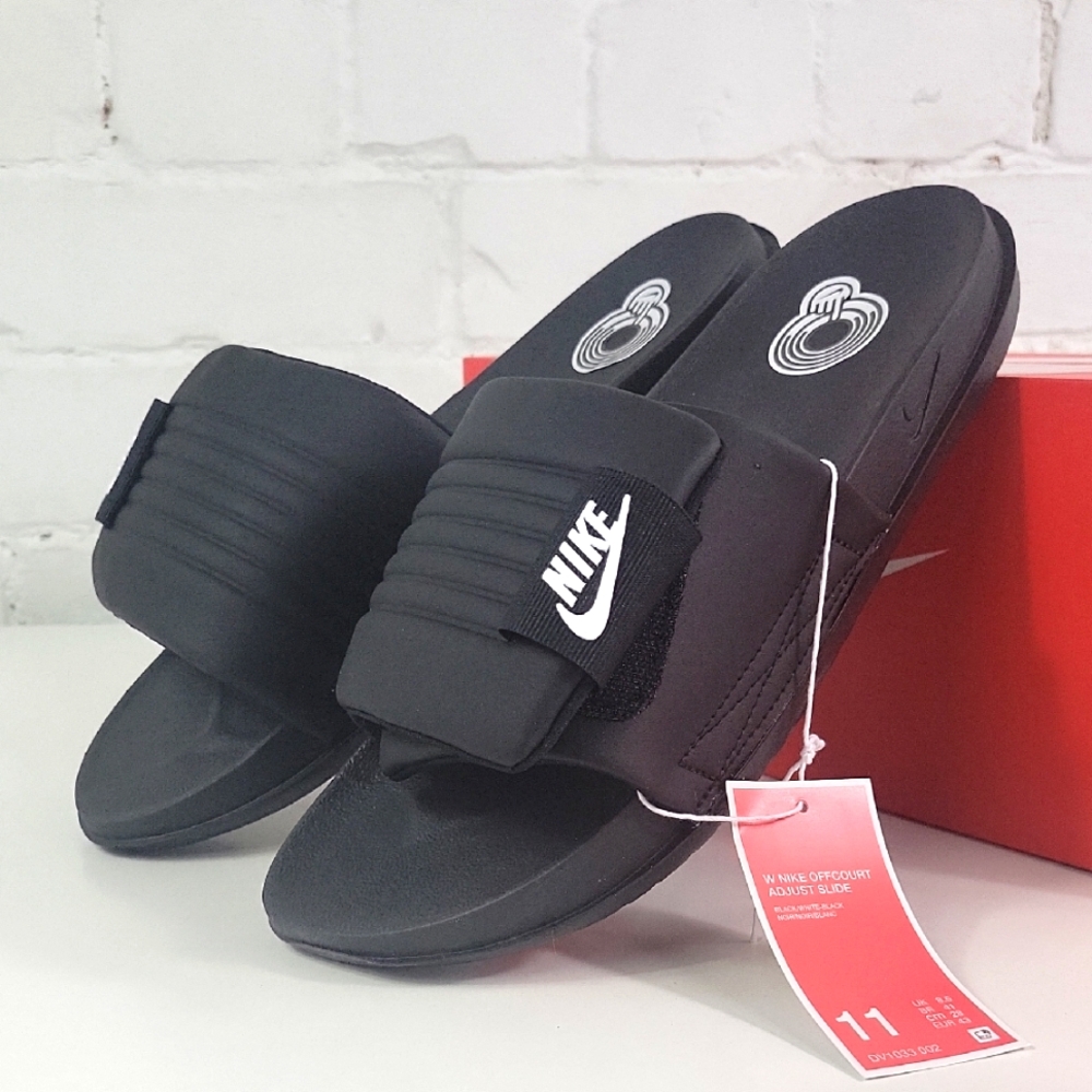 Nike Offcourt Adjust Black Slide Sandals with White Logo Womens 11